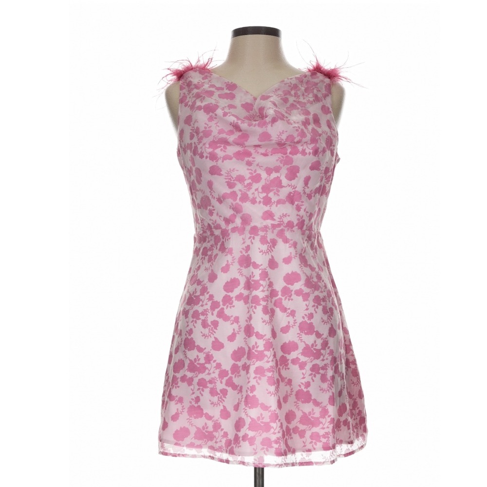 Storia Pink Heart Mini Dress Feather Trim Size L Coquette Y2K